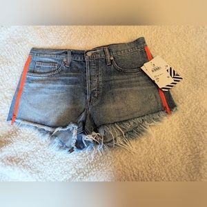 NWT Sandrine Rose x Free People - Frayed denim shorts neon orange zip, size 28